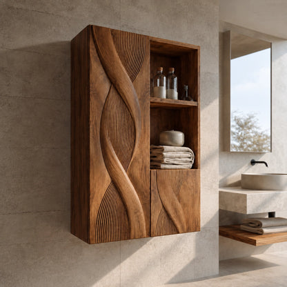 Bathroom Cabinet with Sculptural Wave-Carved Doors and Open Shelving - Woodenecho - 1