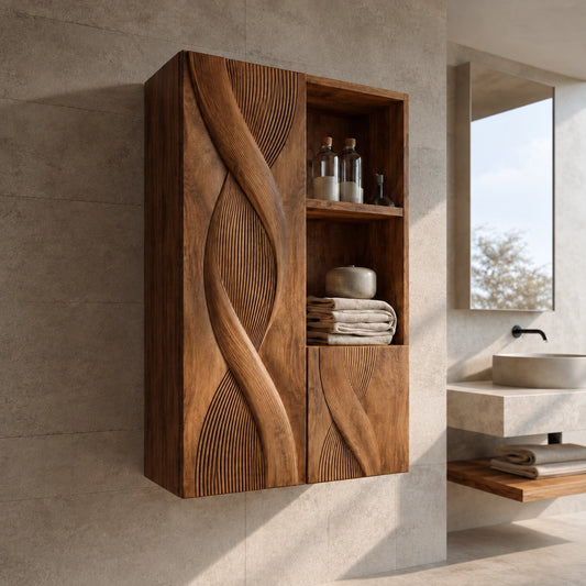 Bathroom Cabinet with Sculptural Wave-Carved Doors and Open Shelving - Woodenecho - 1