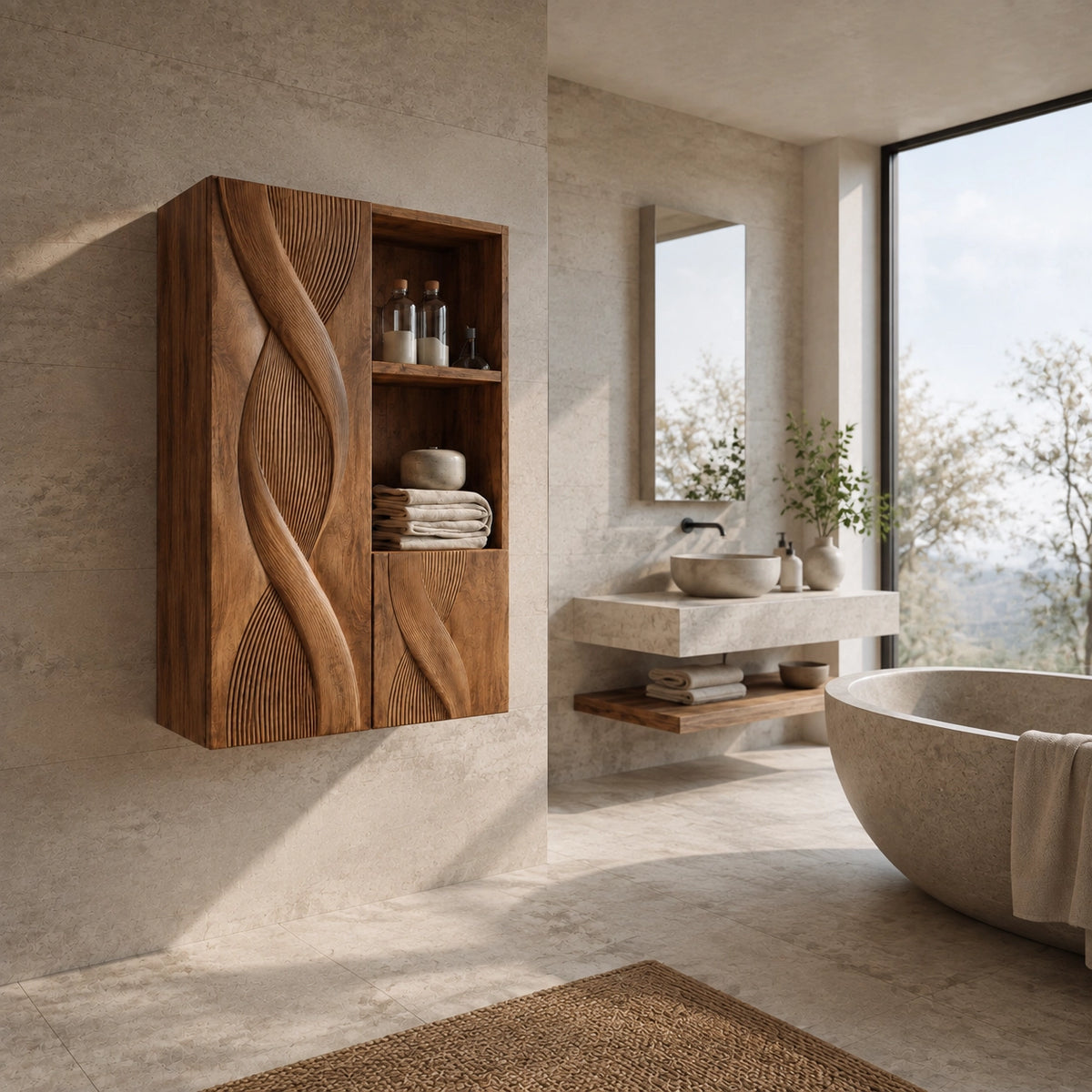 Bathroom Cabinet with Sculptural Wave-Carved Doors and Open Shelving - Woodenecho - 2