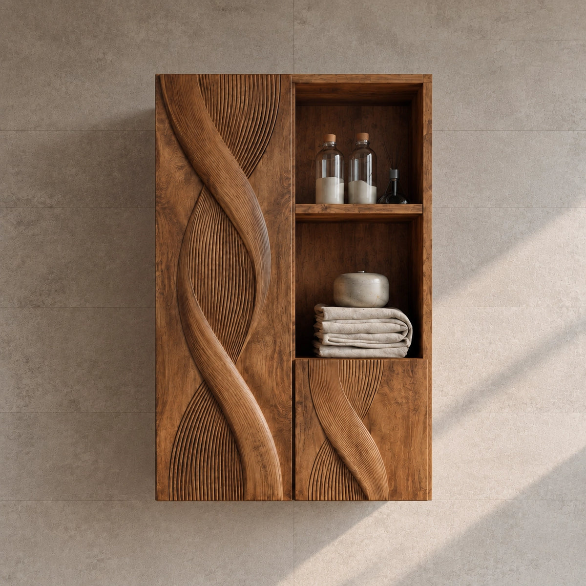 Bathroom Cabinet with Sculptural Wave-Carved Doors and Open Shelving - Woodenecho - 3