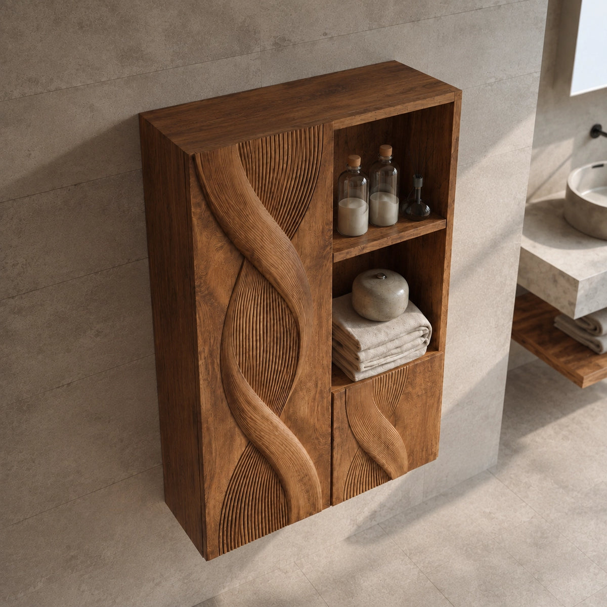 Bathroom Cabinet with Sculptural Wave-Carved Doors and Open Shelving - Woodenecho - 4