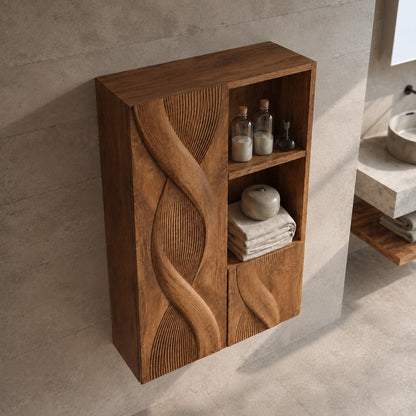 Bathroom Cabinet with Sculptural Wave-Carved Doors and Open Shelving - Woodenecho - 4