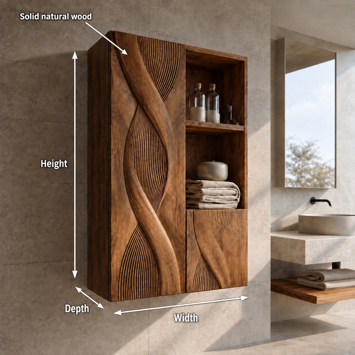 Bathroom Cabinet with Sculptural Wave-Carved Doors and Open Shelving - Woodenecho - 5