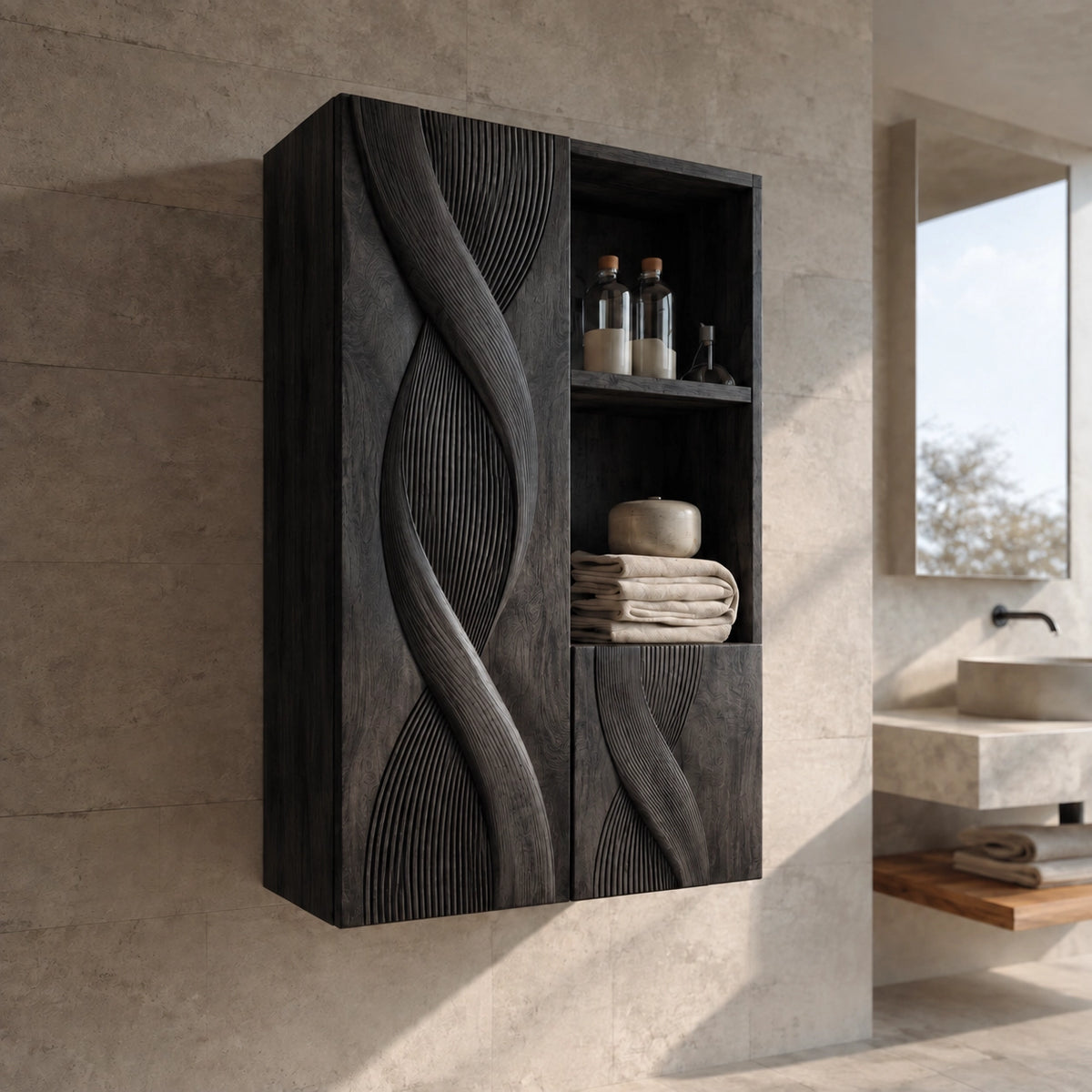 Bathroom Cabinet with Sculptural Wave-Carved Doors and Open Shelving - Woodenecho - 6