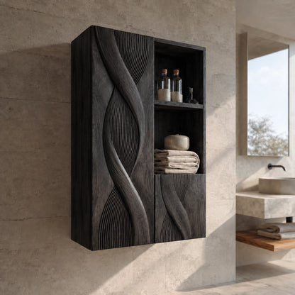 Bathroom Cabinet with Sculptural Wave-Carved Doors and Open Shelving - Woodenecho - 6