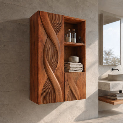 Bathroom Cabinet with Sculptural Wave-Carved Doors and Open Shelving - Woodenecho - 7