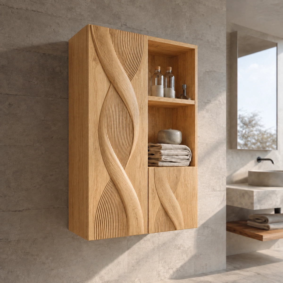 Bathroom Cabinet with Sculptural Wave-Carved Doors and Open Shelving - Woodenecho - 8