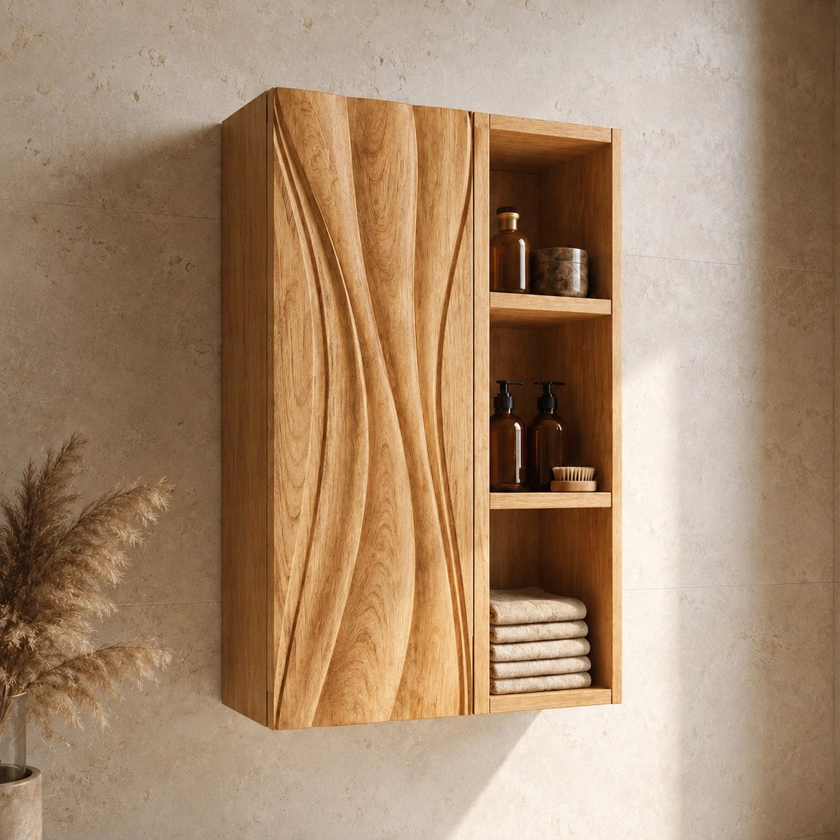 Bathroom Cabinet with Wave-Carved Door and Open Shelving Storages - Woodenecho - 1