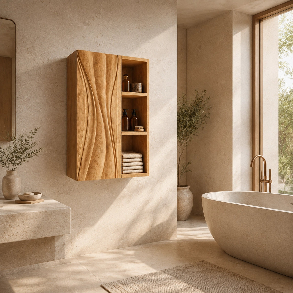 Bathroom Cabinet with Wave-Carved Door and Open Shelving Storages - Woodenecho - 2