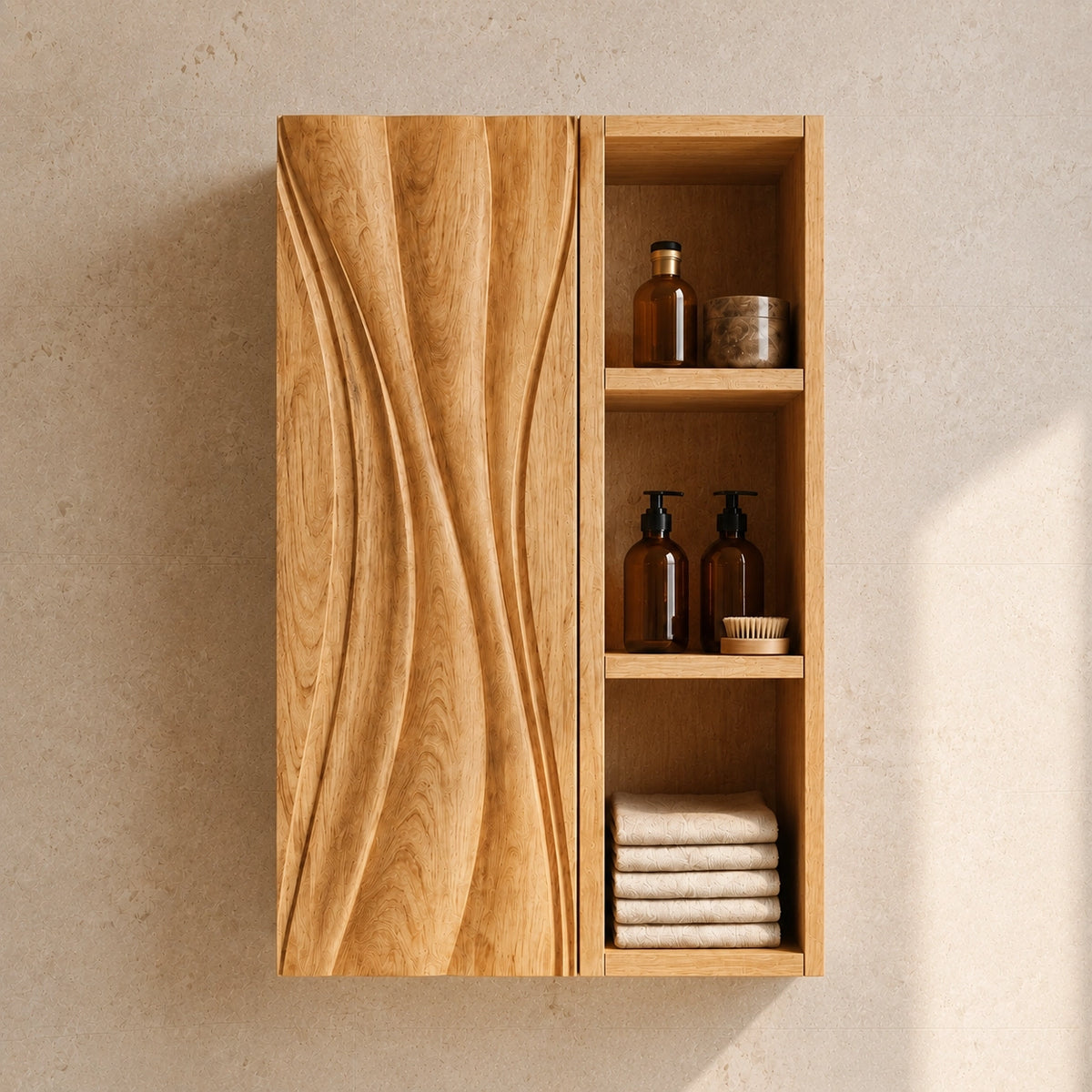 Bathroom Cabinet with Wave-Carved Door and Open Shelving Storages - Woodenecho - 3