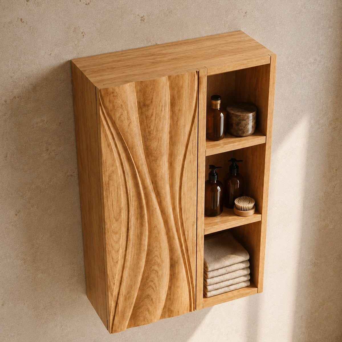 Bathroom Cabinet with Wave-Carved Door and Open Shelving Storages - Woodenecho - 4