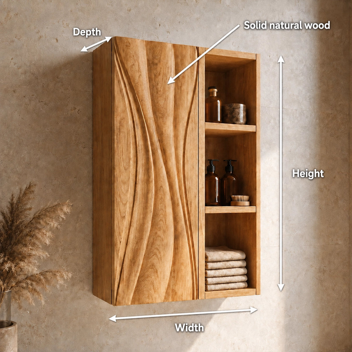 Bathroom Cabinet with Wave-Carved Door and Open Shelving Storages - Woodenecho - 6