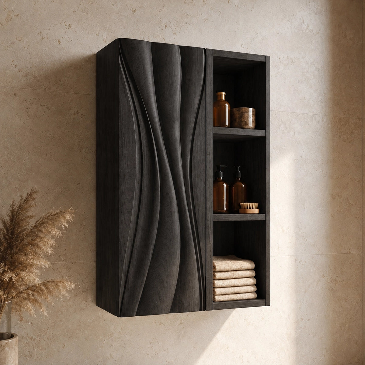 Bathroom Cabinet with Wave-Carved Door and Open Shelving Storages - Woodenecho - 7