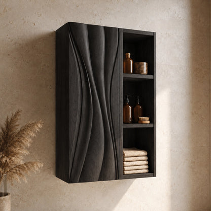 Bathroom Cabinet with Wave-Carved Door and Open Shelving Storages - Woodenecho - 7
