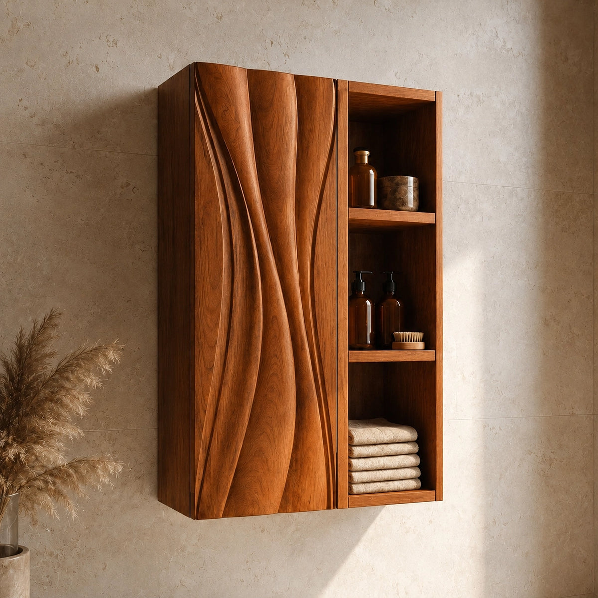 Bathroom Cabinet with Wave-Carved Door and Open Shelving Storages - Woodenecho - 8