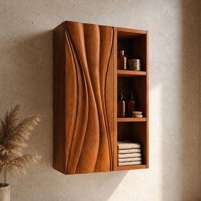 Bathroom Cabinet with Wave-Carved Door and Open Shelving Storages - Woodenecho - 8