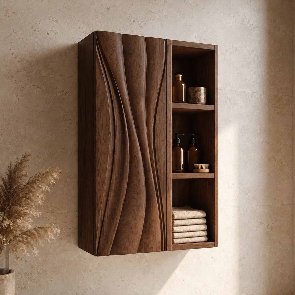 Bathroom Cabinet with Wave-Carved Door and Open Shelving Storages - Woodenecho - 9