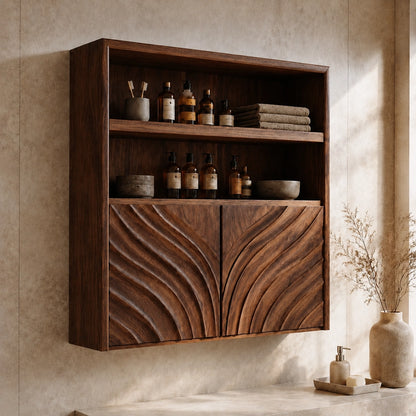 Bathroom Cabinet with Wave-Carved Doors and Open Shelving in Natural Solid Wood - Woodenecho - 1