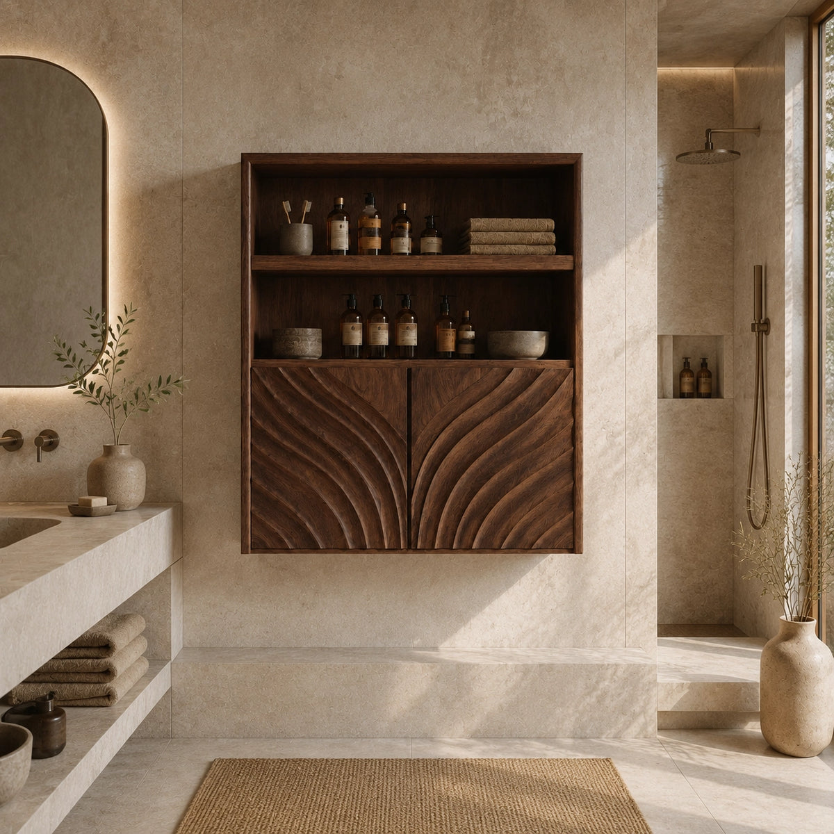 Bathroom Cabinet with Wave-Carved Doors and Open Shelving in Natural Solid Wood - Woodenecho - 2