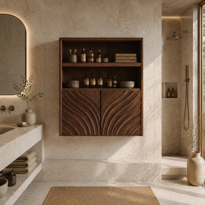 Bathroom Cabinet with Wave-Carved Doors and Open Shelving in Natural Solid Wood - Woodenecho - 2