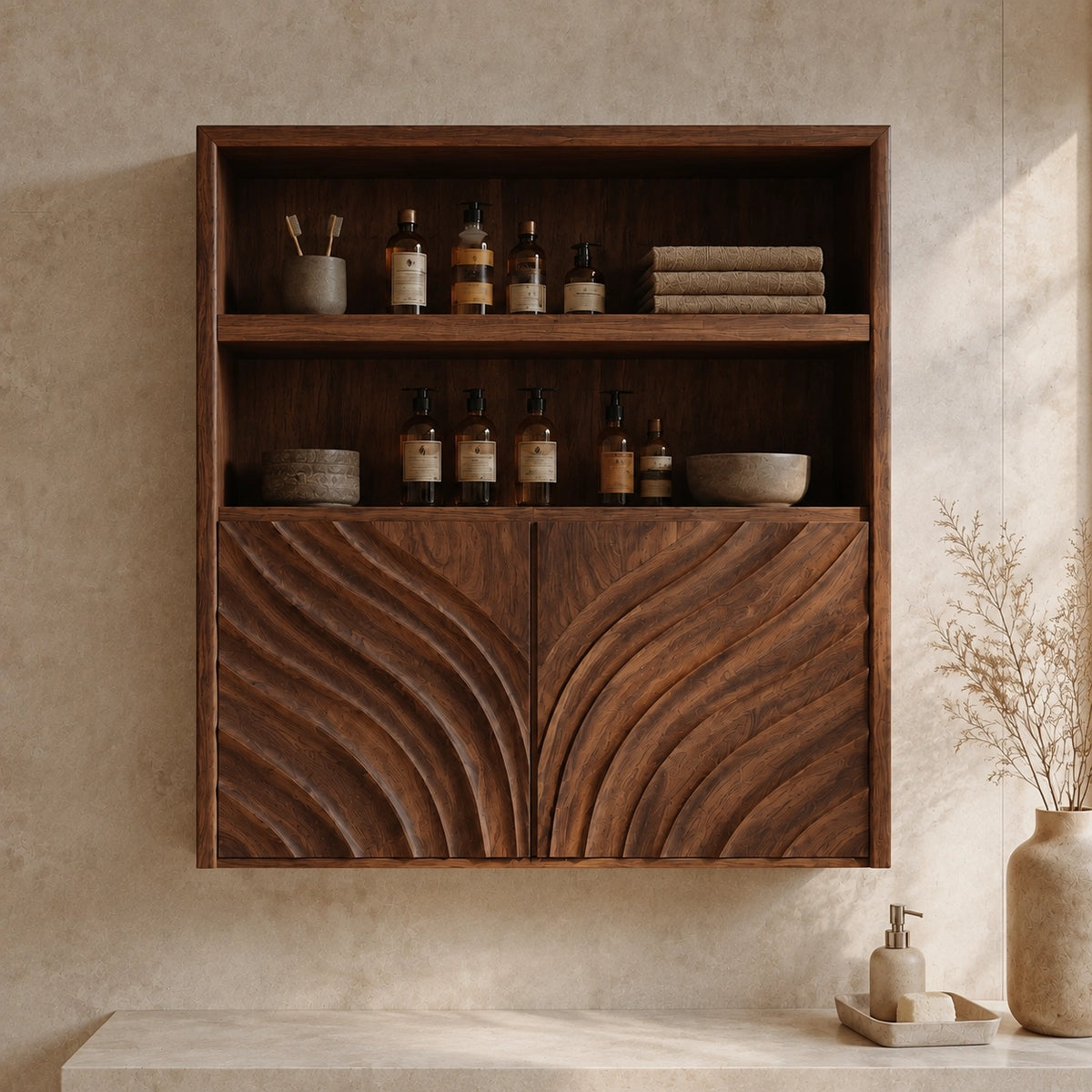 Bathroom Cabinet with Wave-Carved Doors and Open Shelving in Natural Solid Wood - Woodenecho - 3
