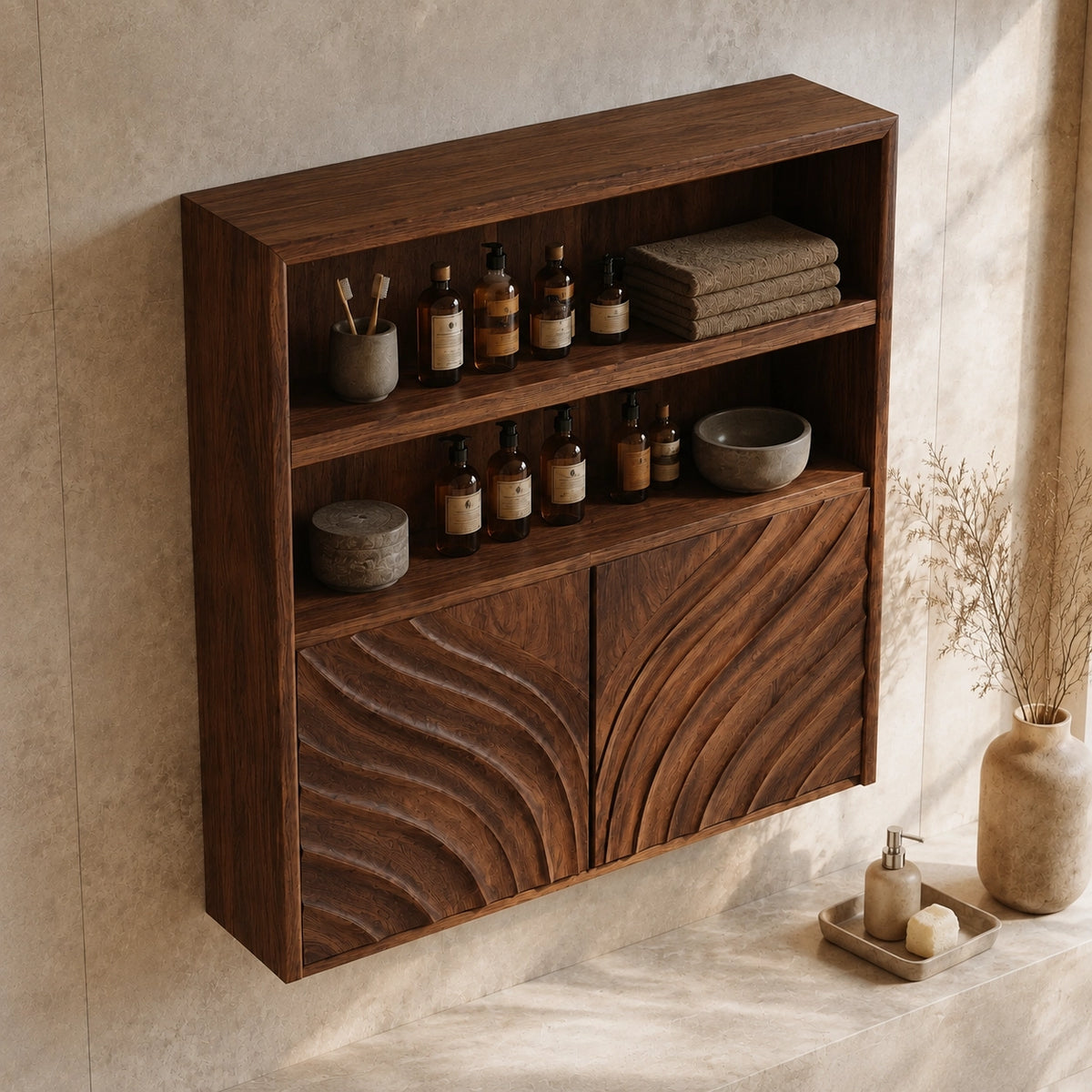 Bathroom Cabinet with Wave-Carved Doors and Open Shelving in Natural Solid Wood - Woodenecho - 4