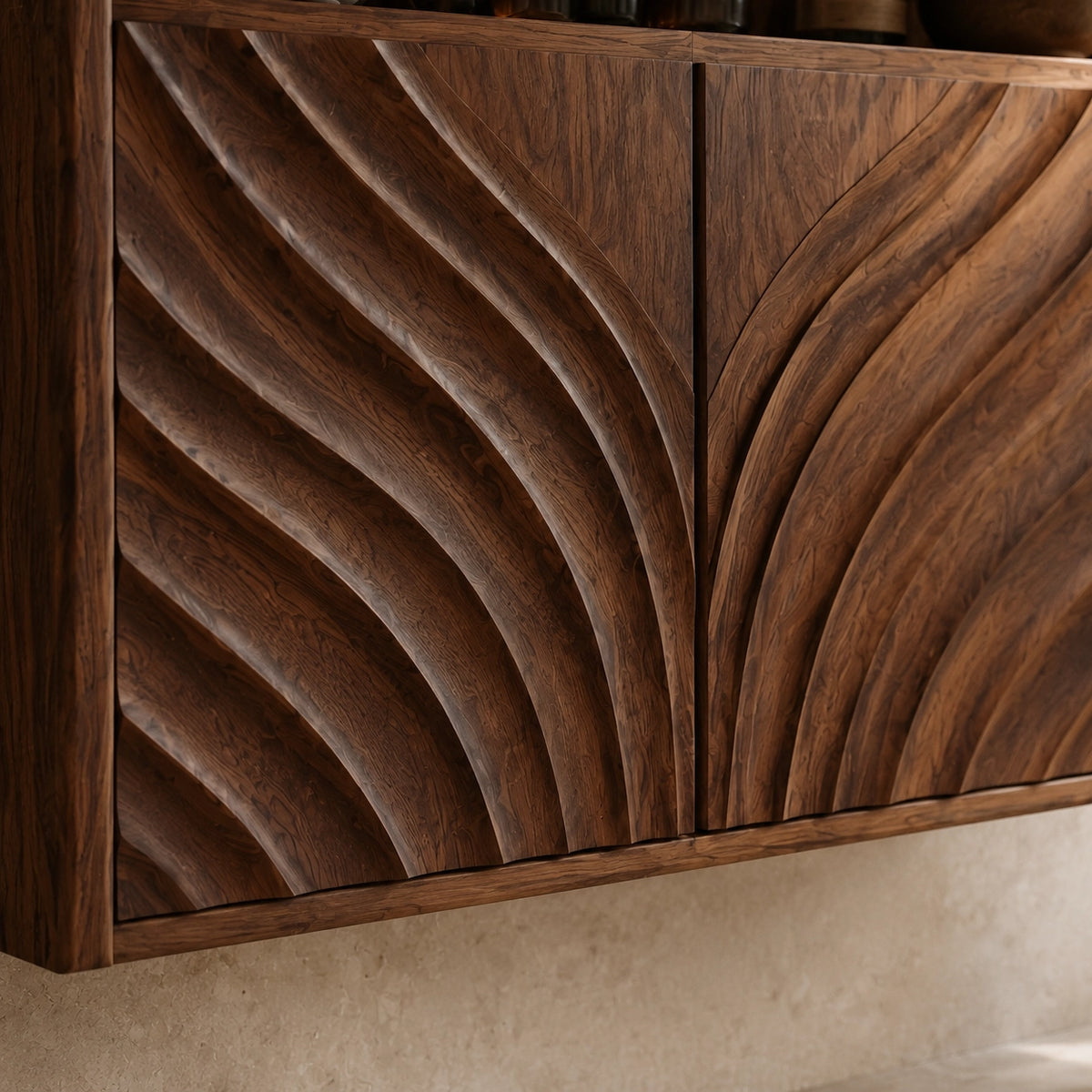 Bathroom Cabinet with Wave-Carved Doors and Open Shelving in Natural Solid Wood - Woodenecho - 5