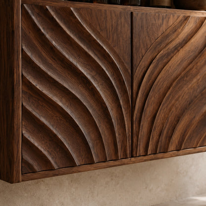 Bathroom Cabinet with Wave-Carved Doors and Open Shelving in Natural Solid Wood - Woodenecho - 5