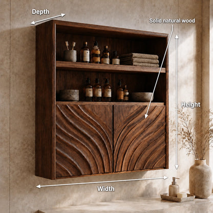 Bathroom Cabinet with Wave-Carved Doors and Open Shelving in Natural Solid Wood - Woodenecho - 6