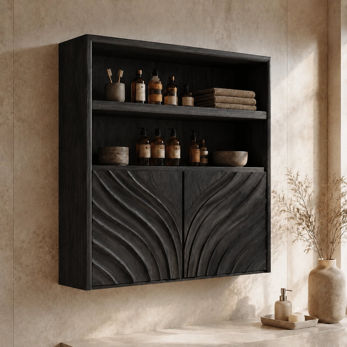 Bathroom Cabinet with Wave-Carved Doors and Open Shelving in Natural Solid Wood - Woodenecho - 7