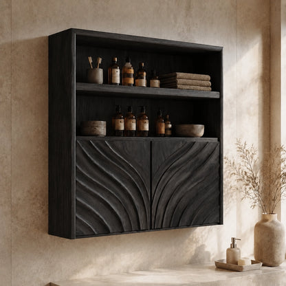 Bathroom Cabinet with Wave-Carved Doors and Open Shelving in Natural Solid Wood - Woodenecho - 7