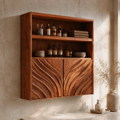 Bathroom Cabinet with Wave-Carved Doors and Open Shelving in Natural Solid Wood - Woodenecho - 8