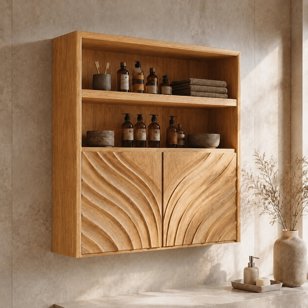 Bathroom Cabinet with Wave-Carved Doors and Open Shelving in Natural Solid Wood - Woodenecho - 9