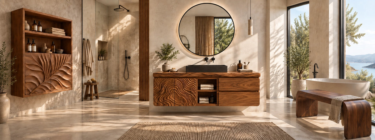 Modern bathroom with floating carved solid wood vanity, wall cabinet and bench