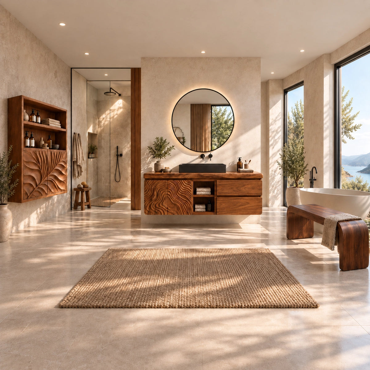Modern bathroom with floating carved solid wood vanity, wall cabinet and bench