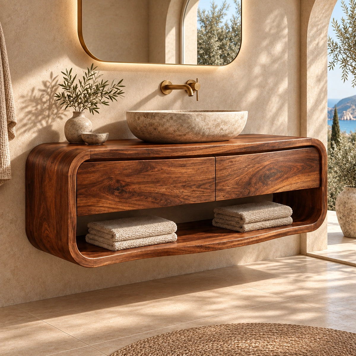 Bathroom Vanity with Curved Drawers and Open Shelf in Natural Solid Wood - Woodenecho - 1