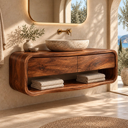 Bathroom Vanity with Curved Drawers and Open Shelf in Natural Solid Wood - Woodenecho - 1