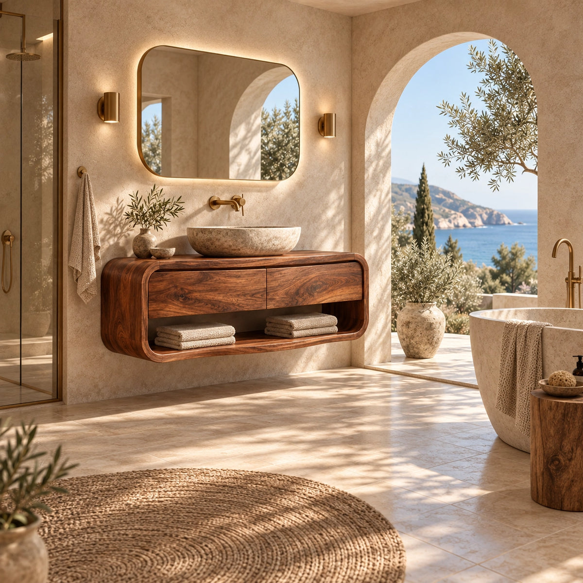 Bathroom Vanity with Curved Drawers and Open Shelf in Natural Solid Wood - Woodenecho - 2