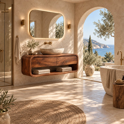 Bathroom Vanity with Curved Drawers and Open Shelf in Natural Solid Wood - Woodenecho - 2