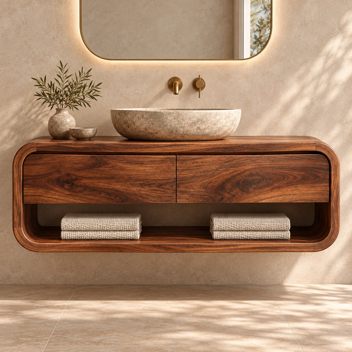 Bathroom Vanity with Curved Drawers and Open Shelf in Natural Solid Wood - Woodenecho - 3