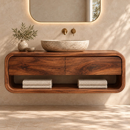 Bathroom Vanity with Curved Drawers and Open Shelf in Natural Solid Wood - Woodenecho - 3