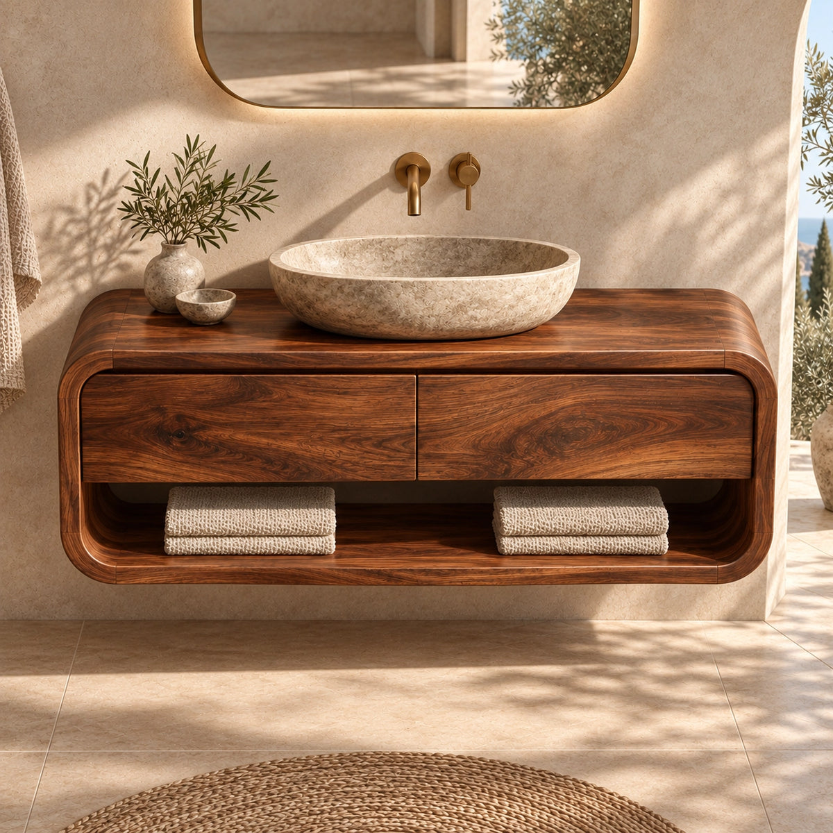 Bathroom Vanity with Curved Drawers and Open Shelf in Natural Solid Wood - Woodenecho - 4