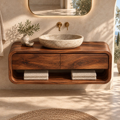 Bathroom Vanity with Curved Drawers and Open Shelf in Natural Solid Wood - Woodenecho - 4