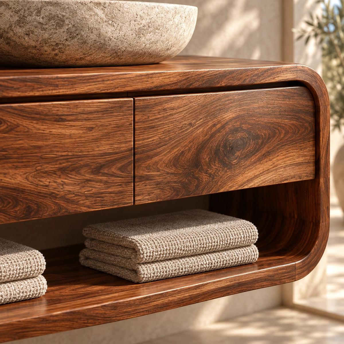 Bathroom Vanity with Curved Drawers and Open Shelf in Natural Solid Wood - Woodenecho - 5