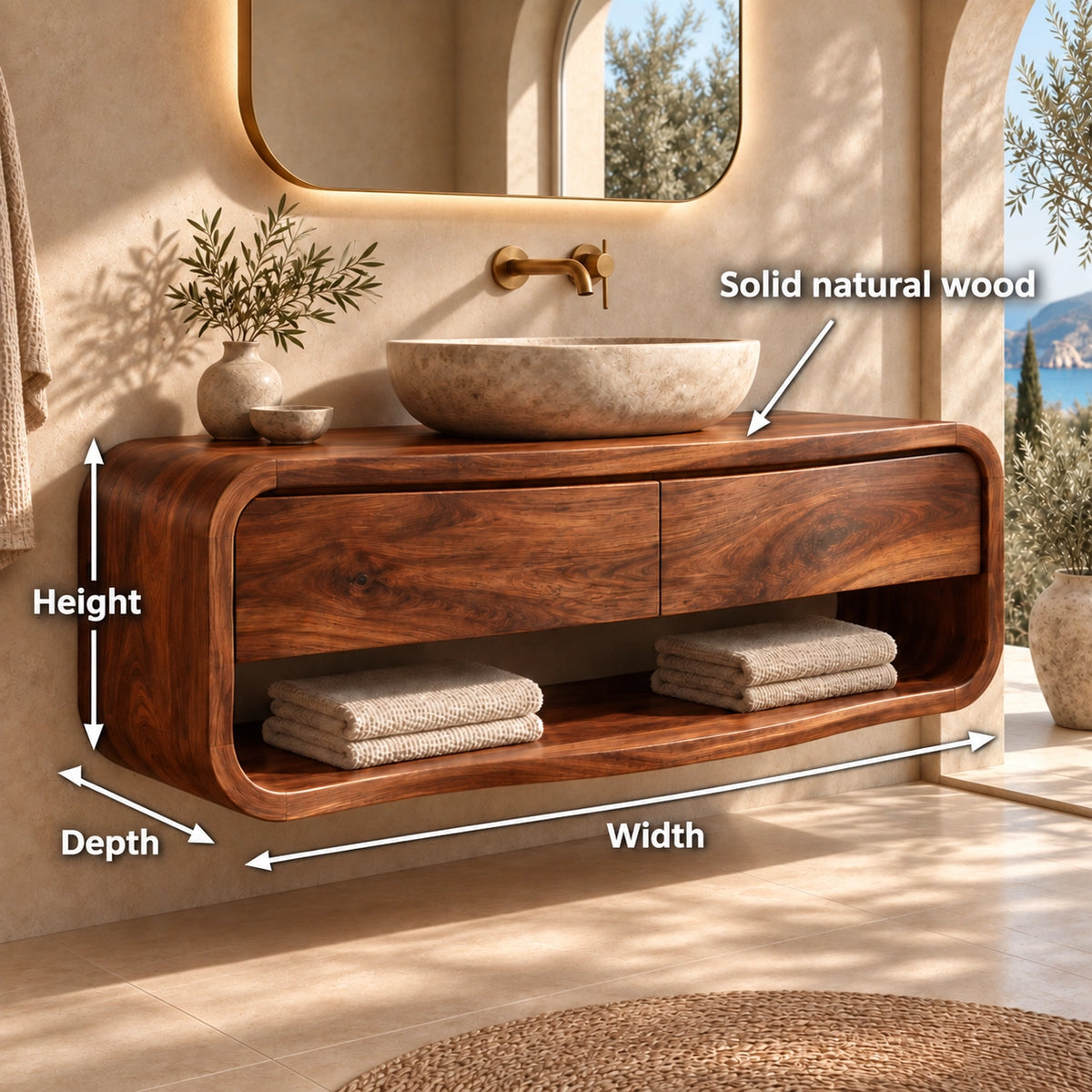 Bathroom Vanity with Curved Drawers and Open Shelf in Natural Solid Wood - Woodenecho - 6