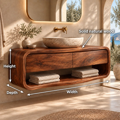 Bathroom Vanity with Curved Drawers and Open Shelf in Natural Solid Wood - Woodenecho - 6