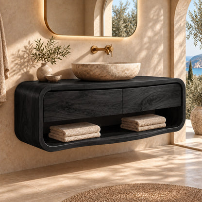 Bathroom Vanity with Curved Drawers and Open Shelf in Natural Solid Wood - Woodenecho - 7