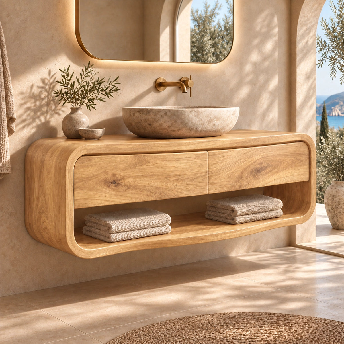 Bathroom Vanity with Curved Drawers and Open Shelf in Natural Solid Wood - Woodenecho - 8