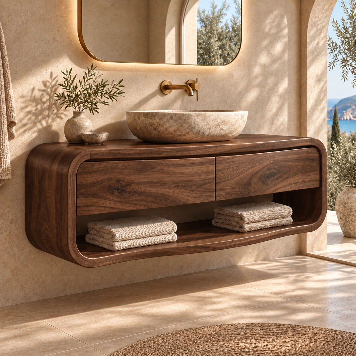 Bathroom Vanity with Curved Drawers and Open Shelf in Natural Solid Wood - Woodenecho - 9