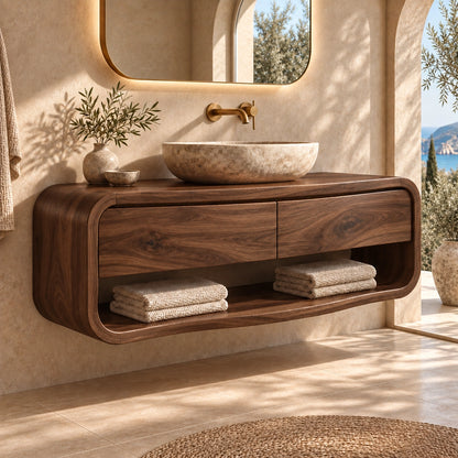Bathroom Vanity with Curved Drawers and Open Shelf in Natural Solid Wood - Woodenecho - 9